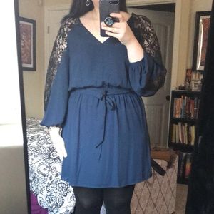 Balloon Sleeve Lace Insert Dress - Navy